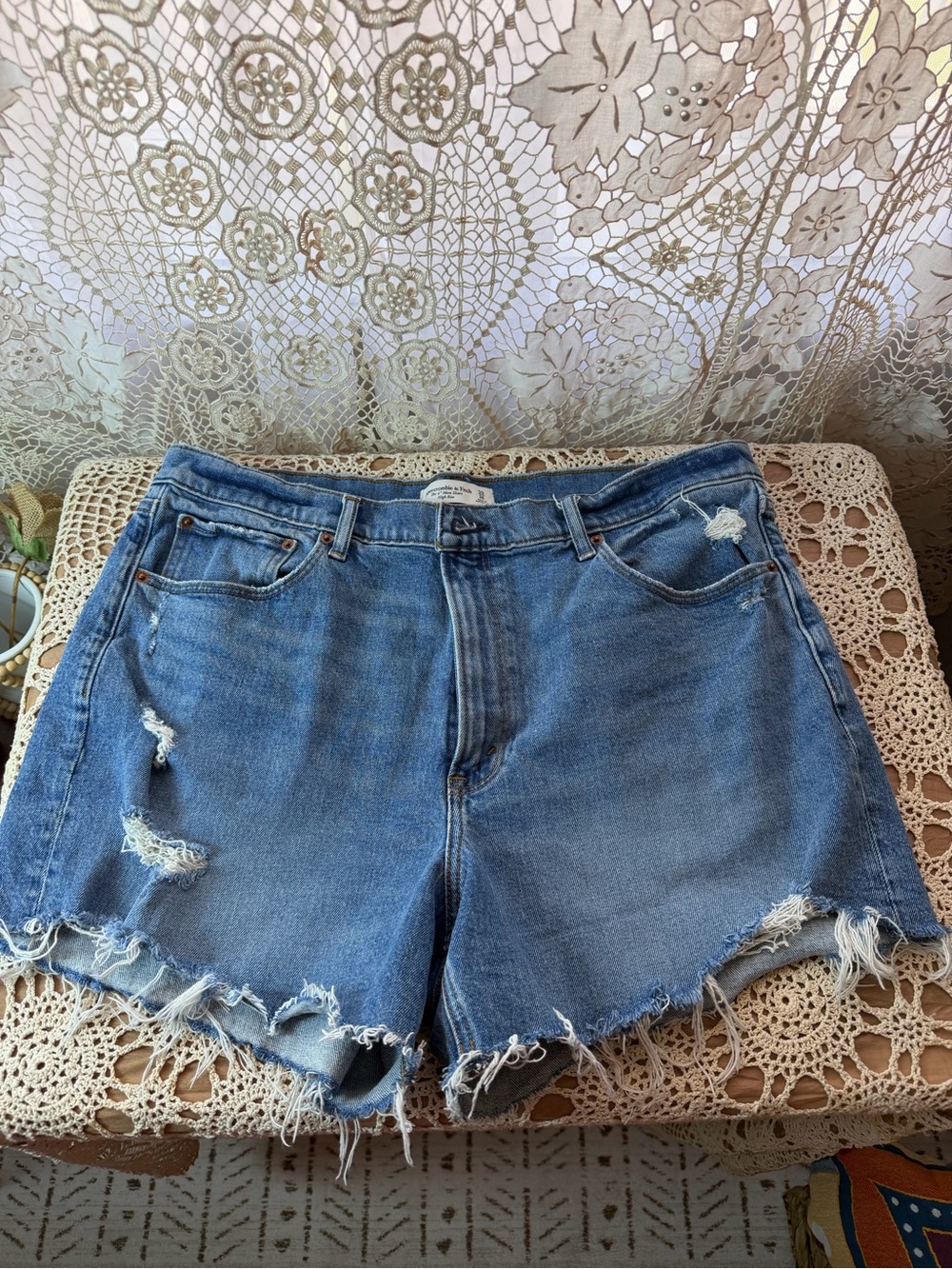 Abercrombie & Fitch High Rise Distressed Light Blue Denim Shorts
